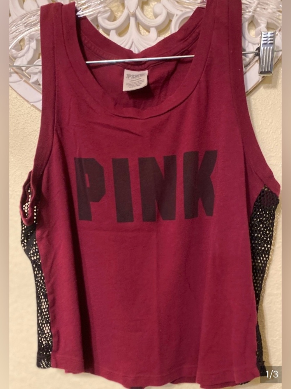 PINK Victoria's Secret Burgundy Graphic Tank with Black Mesh Side Panels